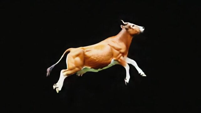 A flying cow leaps against a black background, showcasing its agility and strength in motion