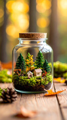 Autumn forest in a glass jar concept photo