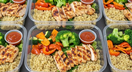 Healthy Meal Prep with Grilled Chicken, Quinoa, Fresh Vegetables, and Sauce in Clear Containers for Balanced Nutrition