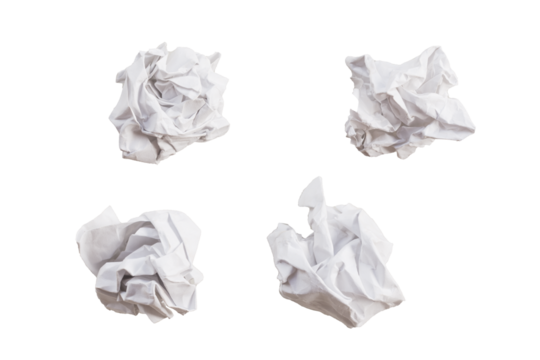 Close-up of crumpled paper ball on transparent background.