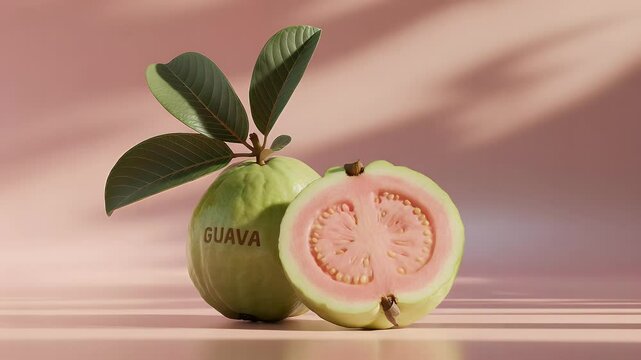 Guava fruit closeup of pink flesh and green skin