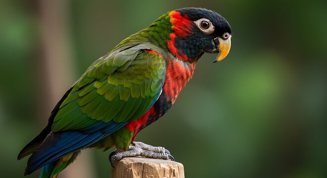 Black-headed caique parrot perched on a wooden post with blurred background