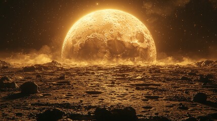 Golden moon over a desolate planetary surface.