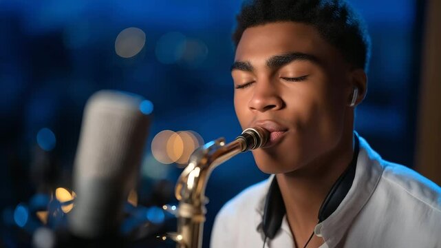 Musician Practicing with Saxophone and Microphone in Studio