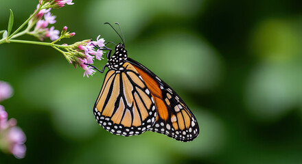 Fototapeta premium Beautiful Monarch Butterfly Feeding on Delicate Pink Wildflowers in a Lush Garden