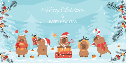Winter holiday background with hand-drawn, funny capibaras. Holiday concept. Vector design for postcards, banners, posters, covers, and more.