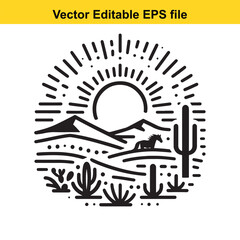 Monochrome Cowboy Desert Landscape with Cactus and Mountain Silhouette in Circular Frame – Black and White Western Vector Illustration