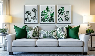 stylish living room featuring a gray sofa adorned with green accent pillows, complemented by botanical wall art. Generative Ai 