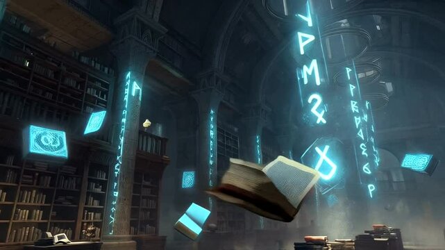 Enchanting library interior with floating books and glowing runes