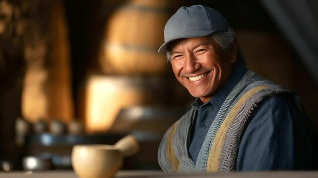 Vendor selling pulque in a cozy market with barrels and a gourd