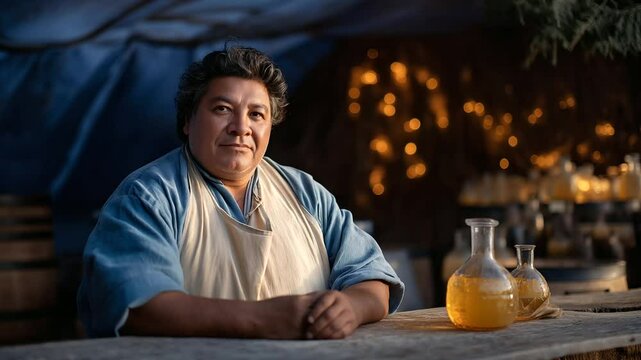 Vendor selling pulque in a warm market setting with barrels