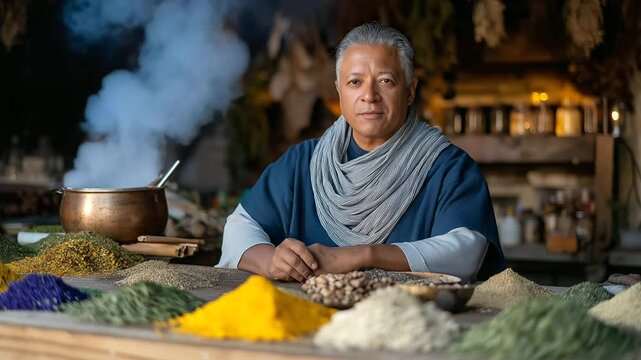 Vendor selling spices in a vibrant market atmosphere