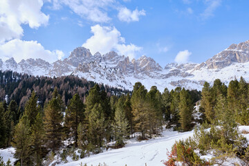 March 2025: View of the Rosegarden from the Vajolet valley, Catinaccio and Gardeccia, Trentino, Italy, Europe.