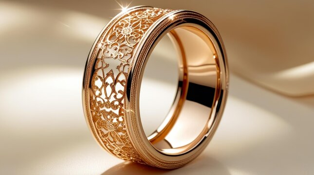 Women's ring with an elegant filigree ornament on a wide round base, shining on a soft cream background. Metallic shine and refined lines emphasize elegance.