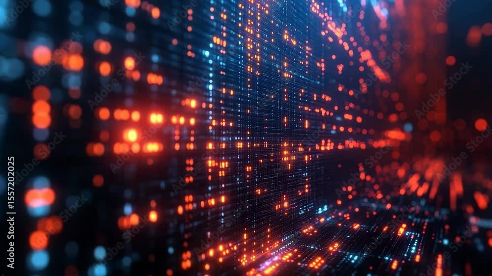 Poster futuristic digital data stream in vibrant red and blue colors for technology and data visualization
