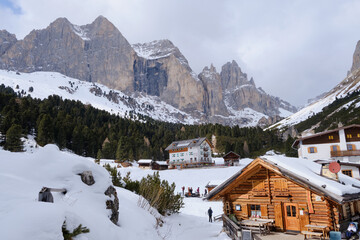 March 2025: View of the Rosegarden from the Vajolet valley, Catinaccio and Gardeccia, Trentino, Italy, Europe.