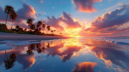 Amazing panorama of the island, palm trees, sea sand, reflections. . Golden rays of sunset, calm tranquil summer mood. banner for background travel on vacation