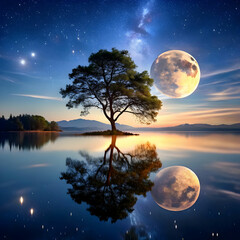 Naklejka premium night tree on lake and moon in the background