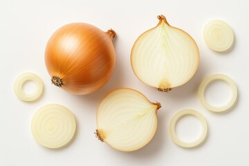 Arrangement featuring a fully matured onion against a plain white surface
