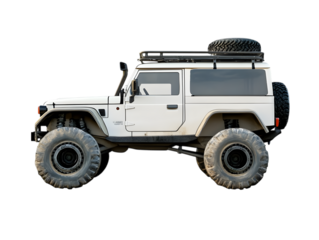 White off road adventure vehicle with large tires and roof rack isolated on transparent background