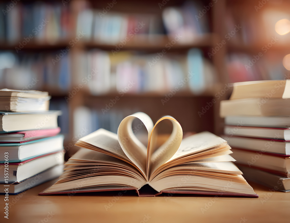 Poster love story book with open page of literature in heart shape and stack piles of textbooks on reading 