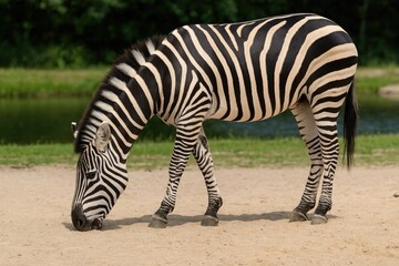 Fototapeta premium Zebra foraging in its habitat at the zoo