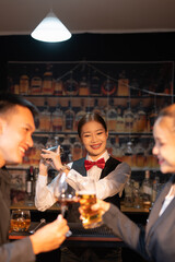 Group of female friends celebrating a holiday party, meeting, celebration, nightlife at a nightclub.