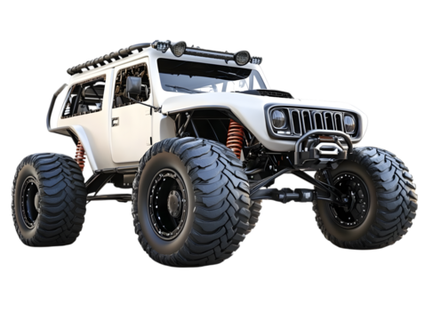 White off road monster truck with large tires and winch isolated on transparent background