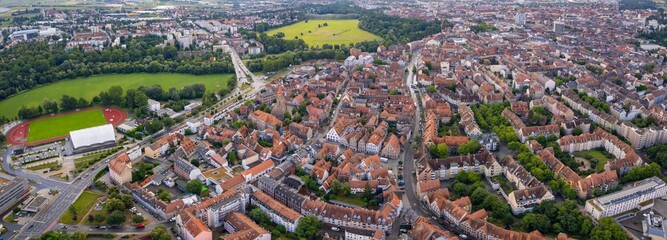 A panorama aerial view around the old town in the city Fürth Germany on a sunny spring noon