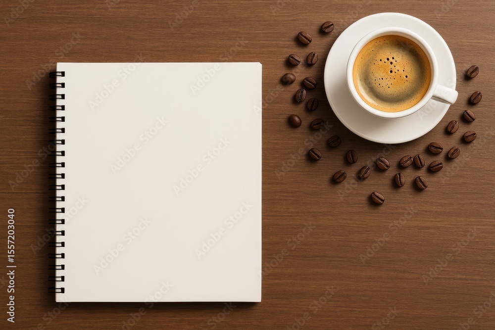 Poster top-down view of a wooden desk featuring a notebook and a coffee mug with space for text