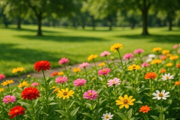 Park scenery showcasing various flowers