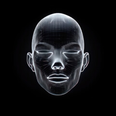 Abstract wireframe human face with closed eyes glowing on black background