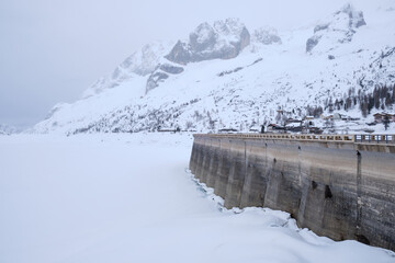 March 2025: The Fedaia Pass at the northern base of Marmolada in the Dolomite Mountains of Italy...