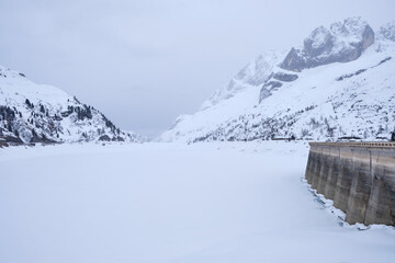 March 2025: The Fedaia Pass at the northern base of Marmolada in the Dolomite Mountains of Italy...