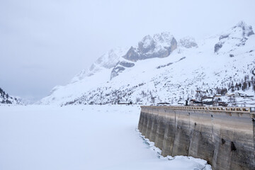 March 2025: The Fedaia Pass at the northern base of Marmolada in the Dolomite Mountains of Italy...