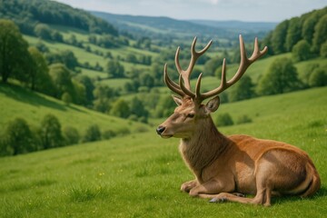 Naklejka premium A deer lying peacefully on a hilltop with a scenic valley below