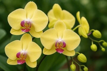 Detailed view of vibrant yellow Moth Orchids