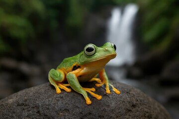 A rare amphibian native to Java perched on a rock near a waterfall, hunting for insects
