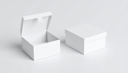 Open and Closed White Cardboard Box with Paper and Sticker on Light Background

