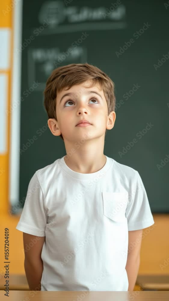 Poster Elementary school student looking up with a curious expression during class, standing at his desk with a blackboard in the background, suggesting a moment of contemplation or questioning