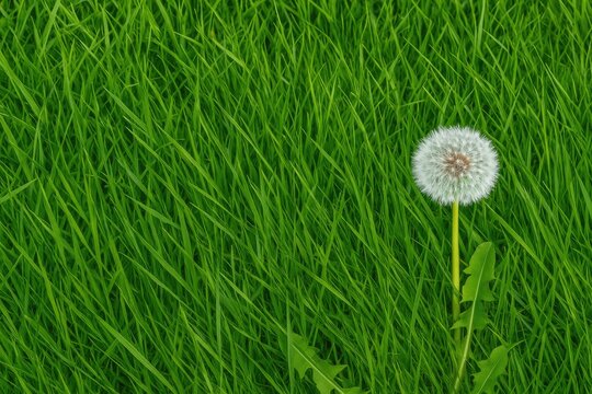 Detailed view of lush green grass with a dandelion in focus