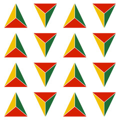 Modern and dynamic seamless pattern of geometric triangles in shades of red, green and yellow. Suitable for backgrounds, textiles, packaging or design projects.