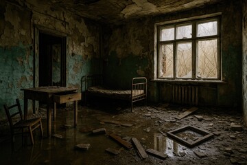 Interior of a forsaken home in a nuclear disaster zone showing radioactive contamination and aftermath of looting and vandalism, with residents fleeing the area after the explosion