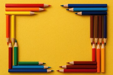 Fototapeta premium Vivid colored pencil border on a vibrant yellow textured surface