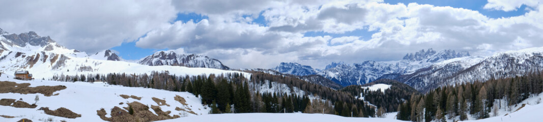 March 2025: winter landscape at Ski Area in Dolomites, Italy - Alpe Lusia. Ski resort in val di...