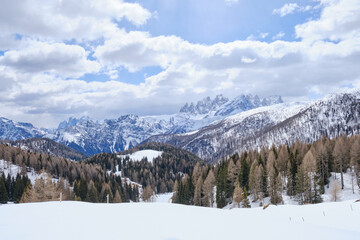 March 2025: winter landscape at Ski Area in Dolomites, Italy - Alpe Lusia. Ski resort in val di...