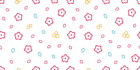 Floral Pattern in Bloom: A vibrant repeating pattern of delicate pink flowers, scattered petals, and playful abstract elements, evoking the spirit of spring with its clean and joyful aesthetic.