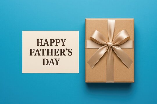 Celebrating Fathers: A Bird's Eye View of a Gift Box with Elegant Ribbon and Card on a Blue Backdrop