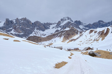 March 2025: winter landscape at Ski Area in Dolomites, Italy - Alpe Lusia. Ski resort in val di...