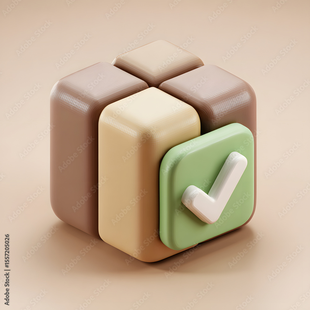 Poster a 3d rendered cube composed of blocks, with a green checkmark icon attached.